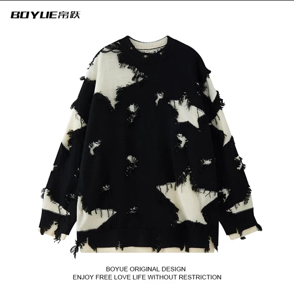 BOYUE帛跃星星破洞毛衣美式小众毛边破烂风男女时尚重工针织衫潮